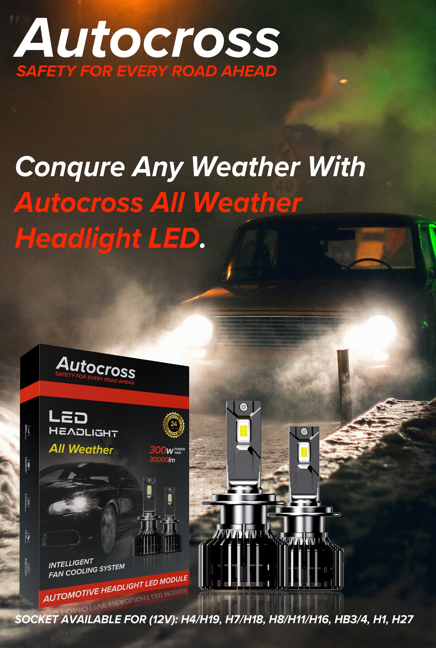 Autocross All Weather 300 Watt Car Led Headlight 4300K