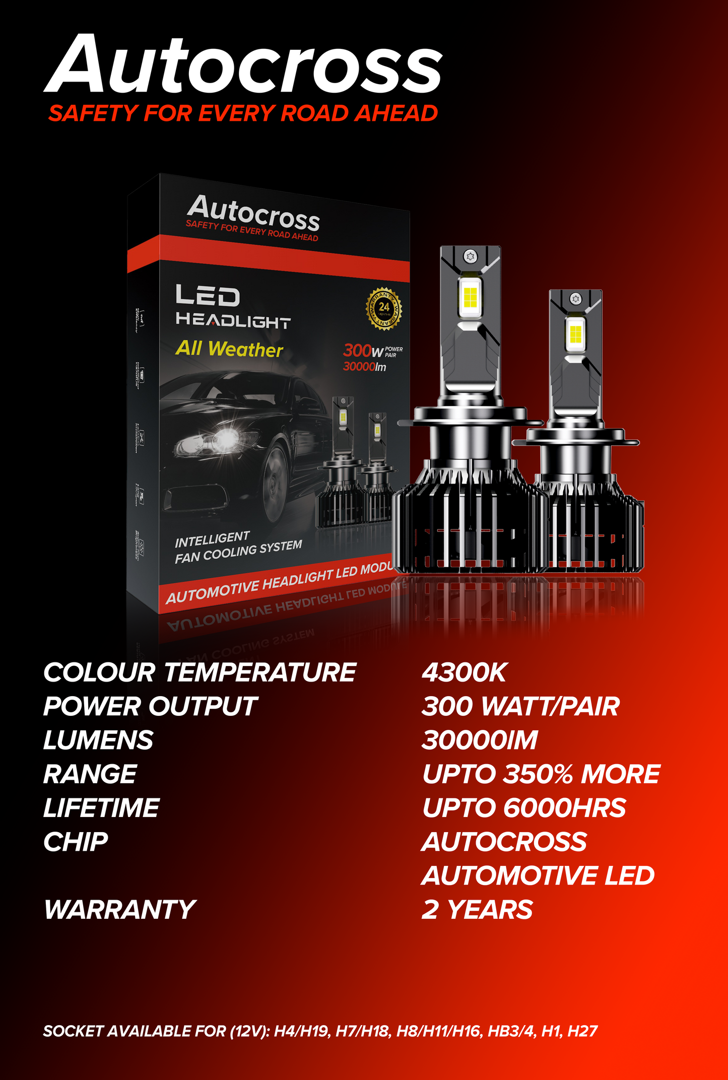 Autocross All Weather 300 Watt Car Led Headlight 4300K