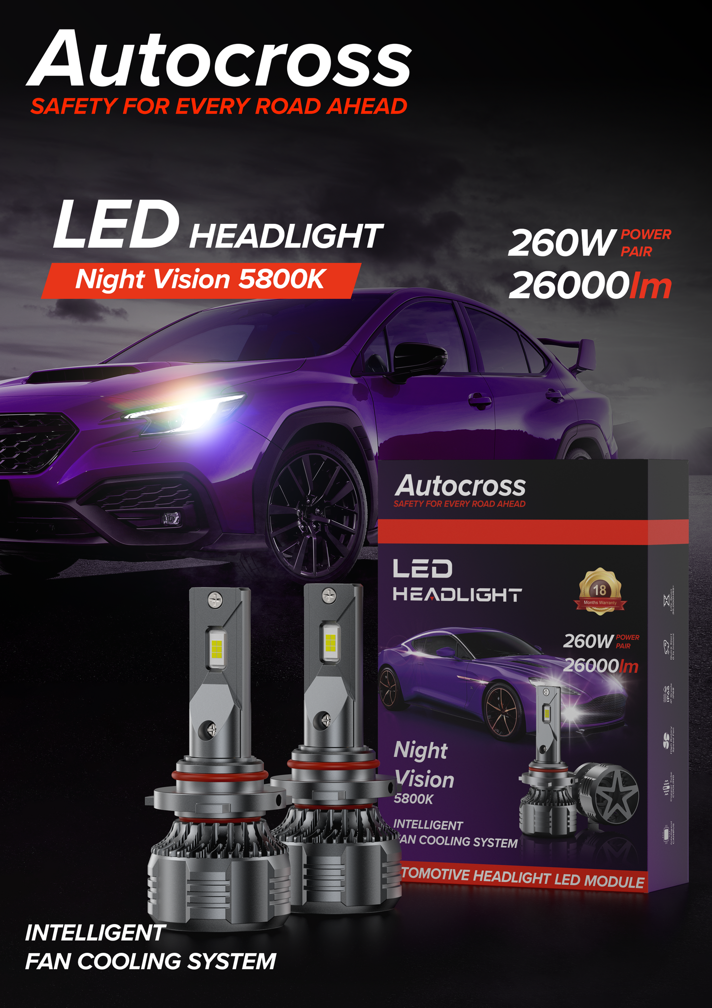 Autocross Night Vision 260 Watt Car Led HeadLight 5800K